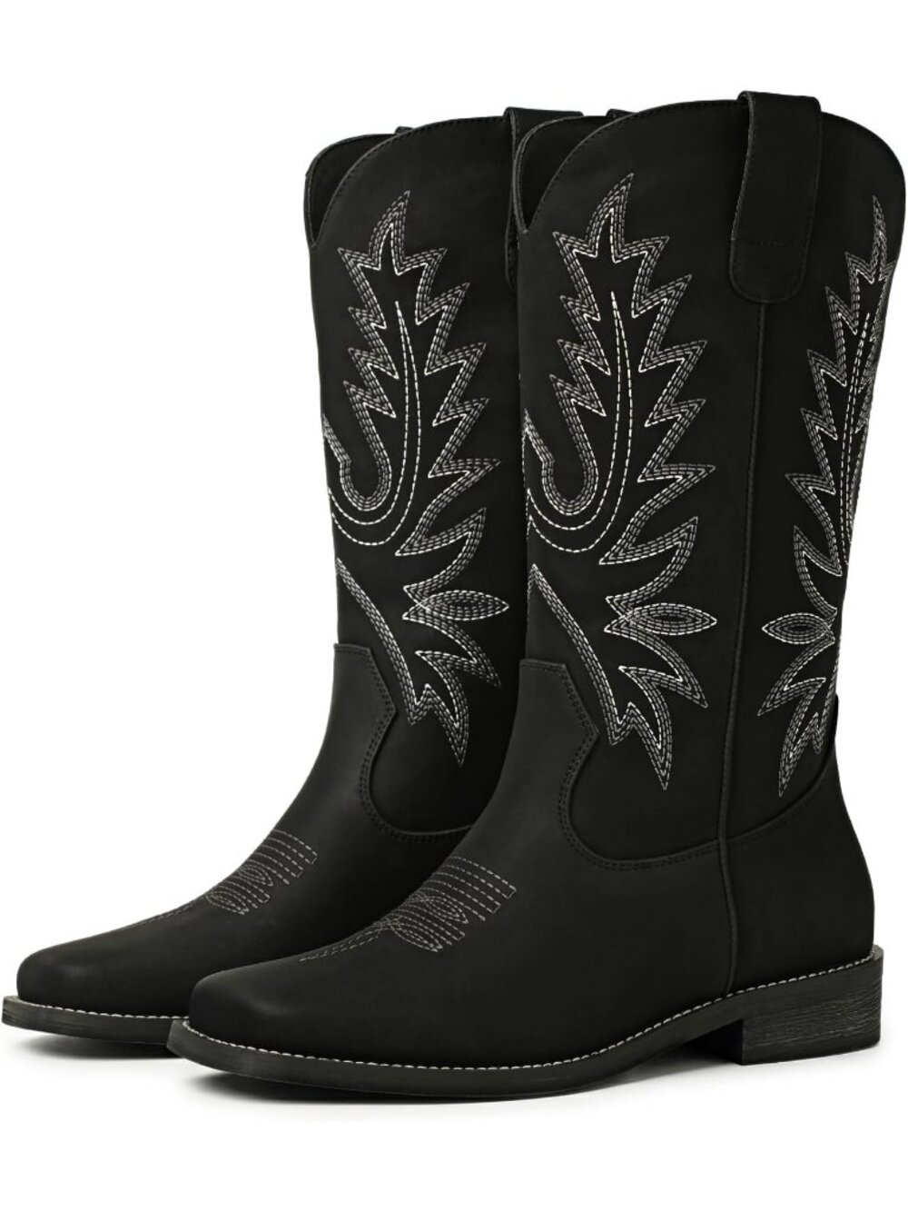 Women's Black Faux Leather Mid Calf Square Toe Vintage Embroidery Cowgirl Boots